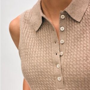 White + Warren Cashmere Cable Sleeveless Polo in Taupe Heather